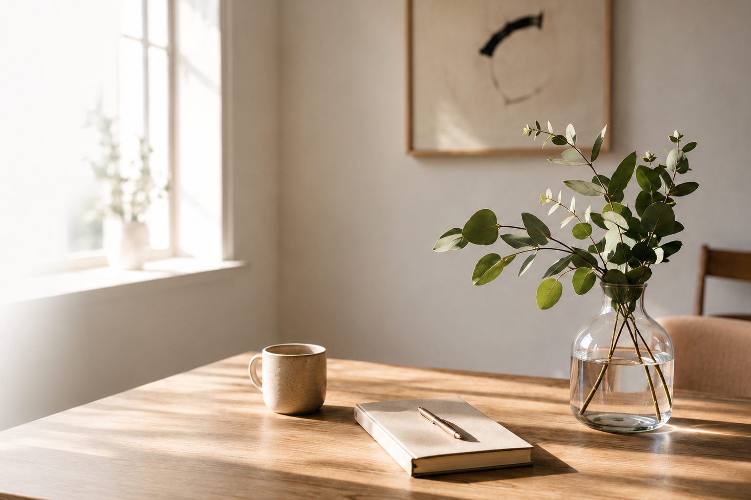 Espace d'accompagnement lumineux — bureau, eucalyptus et carnet